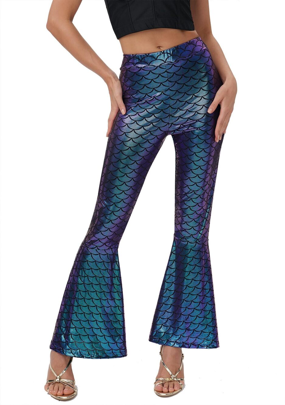 3998 Halloween Costume Sexy Fish Scales Printed Tight Pants Shiny Leggings